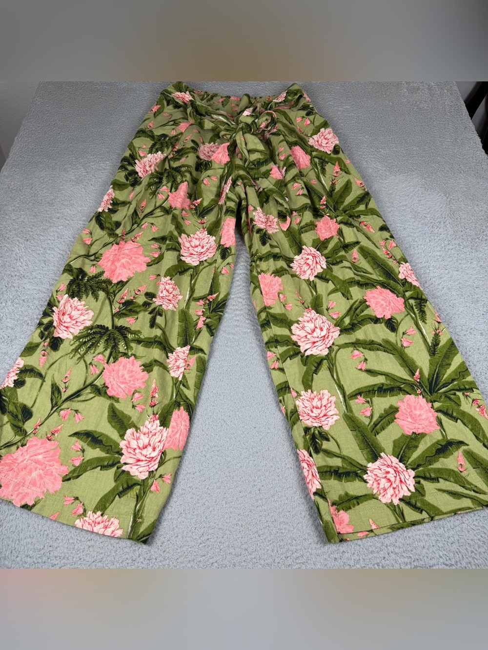 Agua Bendita x Target Linen Pants Womens Medium Green Floral Wide Leg Front Tie